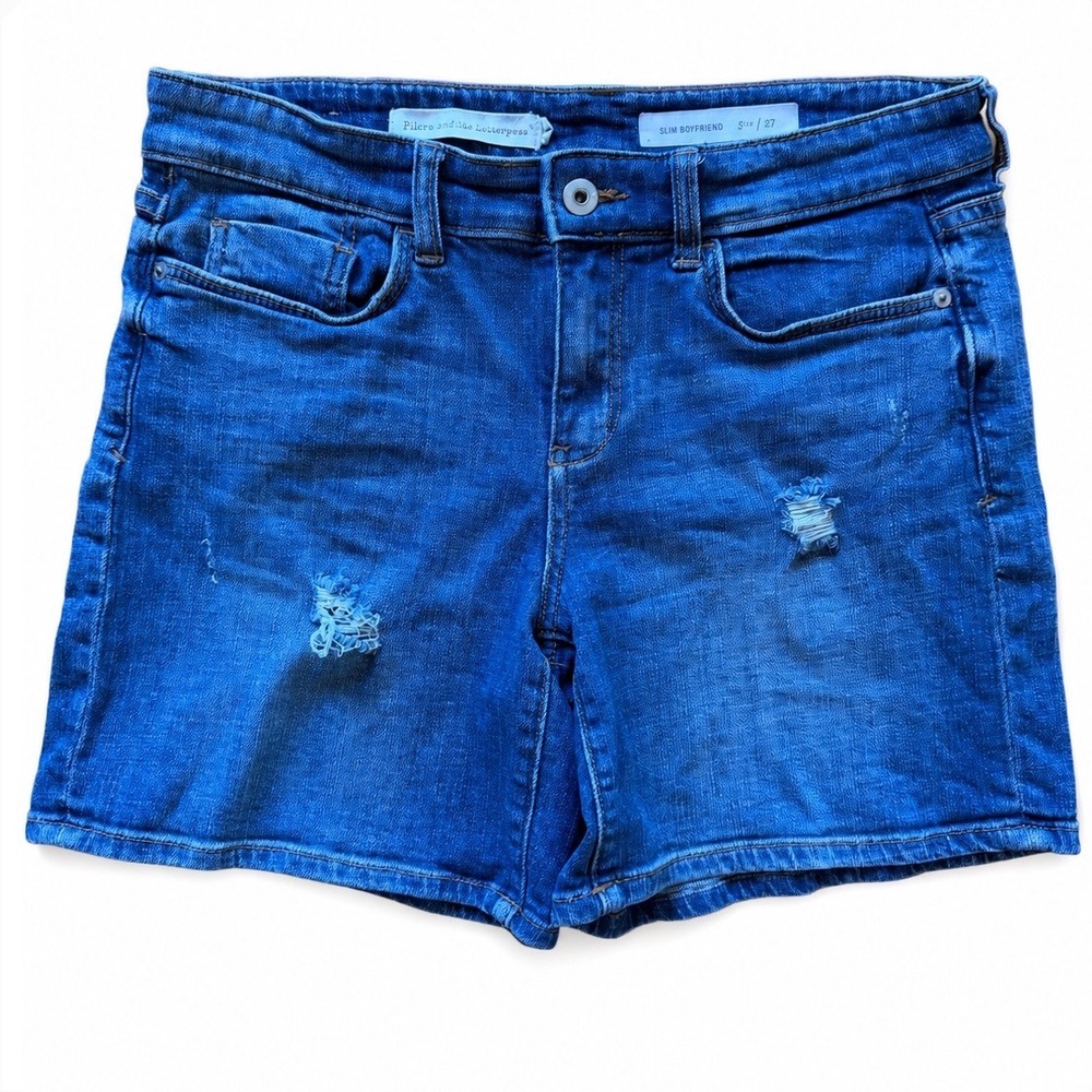 Pilcro and the Letterpress Slim Boyfriend Denim Shorts Blue Distressed Size 27